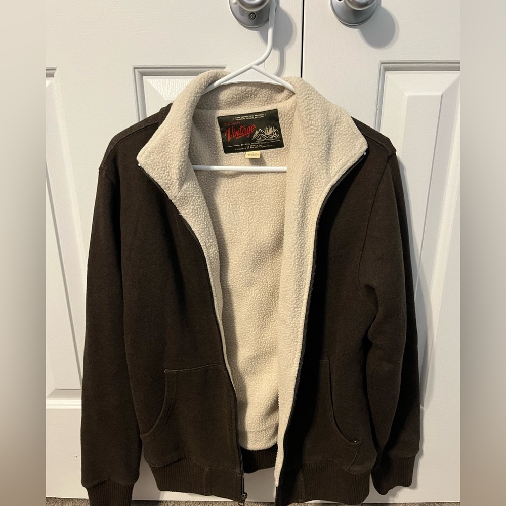 Old Navy Brown and Cream Sherpa Lined Bomber Jacket, Men’s Small